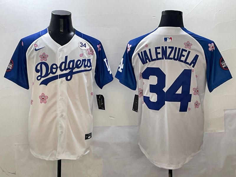 Men Los Angeles Dodgers #34 Valenzuela White Blue Sakura Edition 2025 Nike MLB Jersey style 7->los angeles dodgers->MLB Jersey